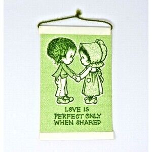 Vtg Love Perfect Only When Shared Boy Girl Green Raised Plastic Mini 4x6" Sign